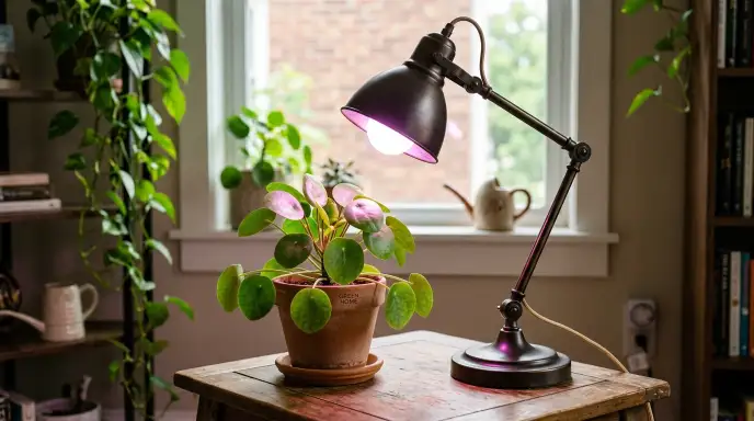 Full spectrum LED grow light bulb in a standard lamp providing bright indirect light to a houseplant.