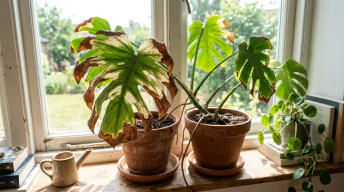 Sunburned plant with brown crispy edges and bleached patches on leaves