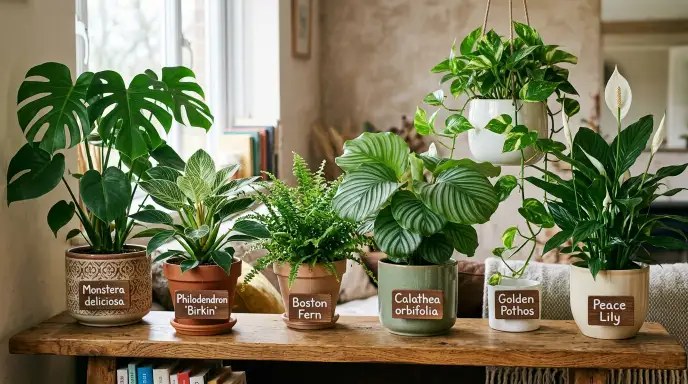 Houseplants that thrive in bright indirect light including Monstera, Philodendron, Pothos, and Ferns.