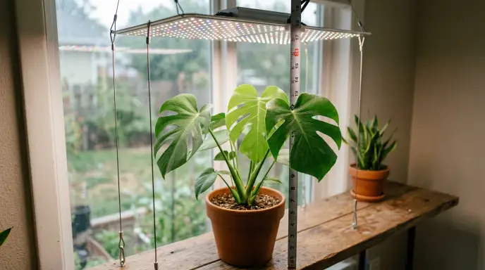 Houseplant positioned 12-18 inches below a grow light bulb for bright indirect light.