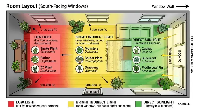 Comparison of indoor plant light levels: low light, bright indirect light, and direct sunlight positions in a room.