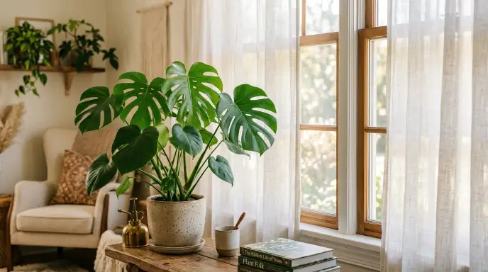 Bright indirect light for houseplants showing filtered sunlight through a window with a Monstera plant
