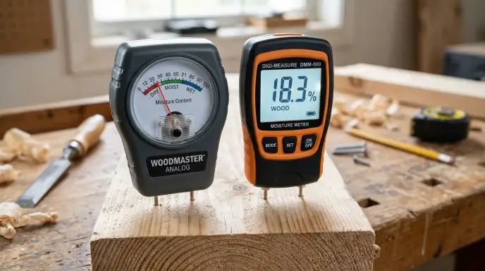Analog soil moisture meter with a simple dial next to a digital moisture meter with an LCD screen display.