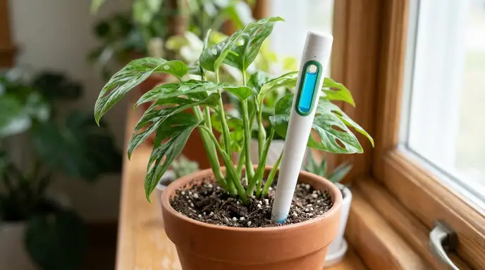 Sustee Aquameter leave-in soil moisture sensor inserted into a potted plant with color indicator visible.