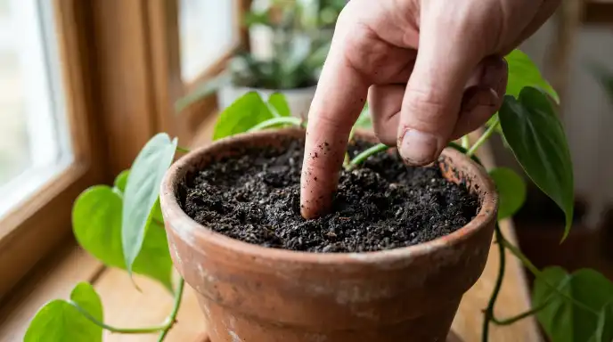 Checking soil moisture by inserting a finger one inch into indoor plant potting soil
