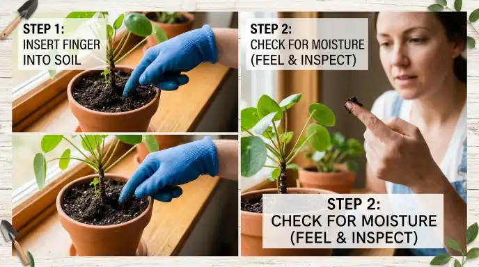 Close-up of finger inserted two inches into houseplant soil to check moisture level

