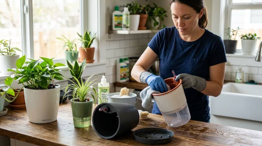 Showing the process of how to cleaning and maintain self watering pots.
