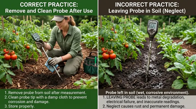Split image showing correct practice of removing and cleaning a moisture meter probe versus incorrect practice of leaving it in soil.
