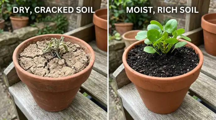 Comparison of bad, compacted potting soil and good, healthy potting soil
