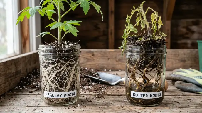 Comparison of healthy white houseplant roots and rotting brown mushy roots from overwatering
