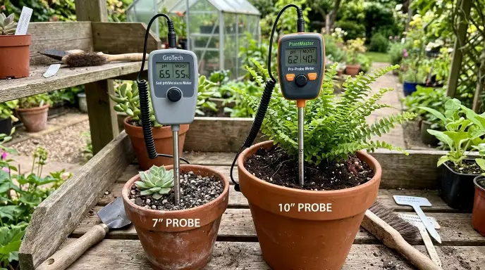 Two soil moisture meters side by side showing standard 7-inch probe vs 10-inch long probe for deep pots.