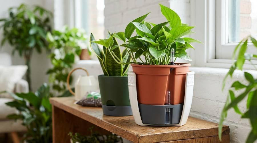 Best self-watering pots 2026 comparison showing the water reservoir and wicking system.
