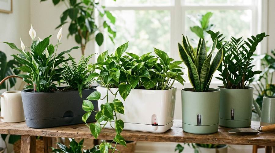 Best self-watering pots 2026 comparison showing the water reservoir and wicking system.
