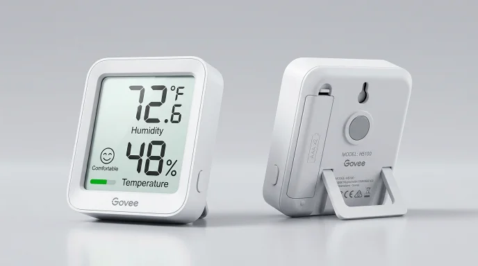 Govee H5100 Bluetooth hygrometer displaying 48% humidity and 72 degrees temperature on white background