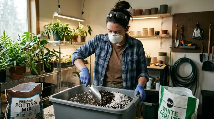 A gardener wearing a dust mask while mixing perlite into potting soil to prevent perlite dust inhalation.