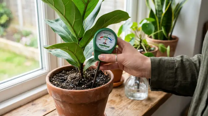 Close-up of a hand holding an analog soil moisture meter inserted into a houseplant pot, with the dial showing a reading.