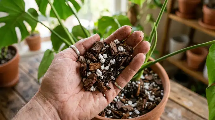 Close-up of Leaves and Soul Chunky Mix showing visible bark and perlite for a fast-draining aroid soil.
