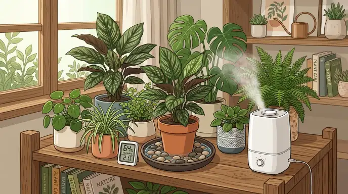Ways to increase humidity for houseplants including a pebble tray, humidifier, and grouped plants
