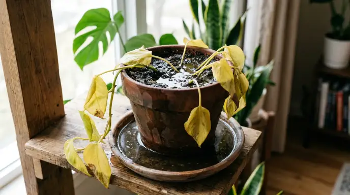 Houseplant with yellowing and drooping leaves caused by overwatering, sitting in waterlogged soil.