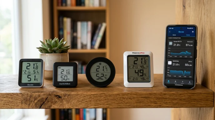 Top rated digital hygrometers of 2026 including Govee H5100, ThermoPro TP50, and SensorPush HT.w displayed side by side