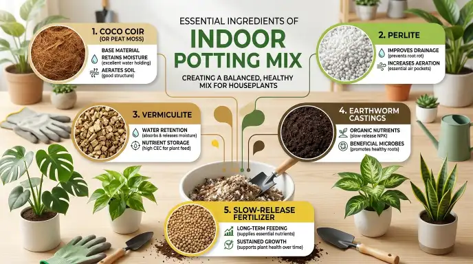 nfographic showing essential ingredients for indoor potting soil: perlite, peat moss, and coconut coir.
