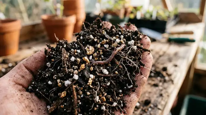 Close-up of indoor potting soil ingredients showing perlite, peat moss or coconut coir, and bark pieces.
