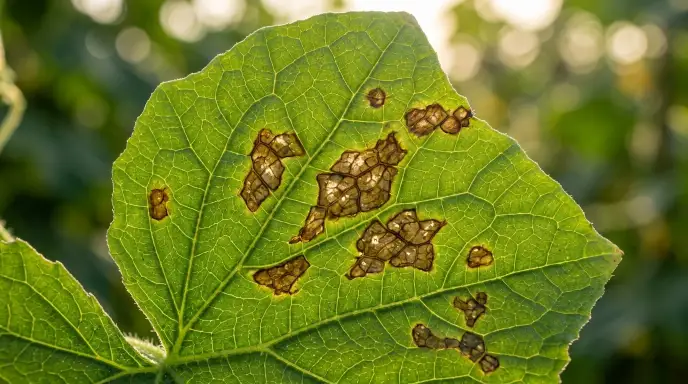Bacterial leaf spot close-up showing angular brown spots restricted by leaf veins with a water-soaked, greasy, and translucent appearance.
