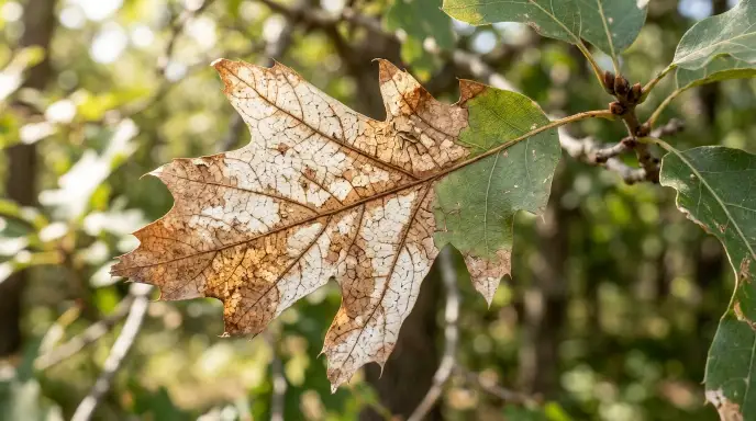 Plant sunburn or sunscald on a leaf showing dry, papery, bleached white and tan patches only on the side facing the window or grow light.