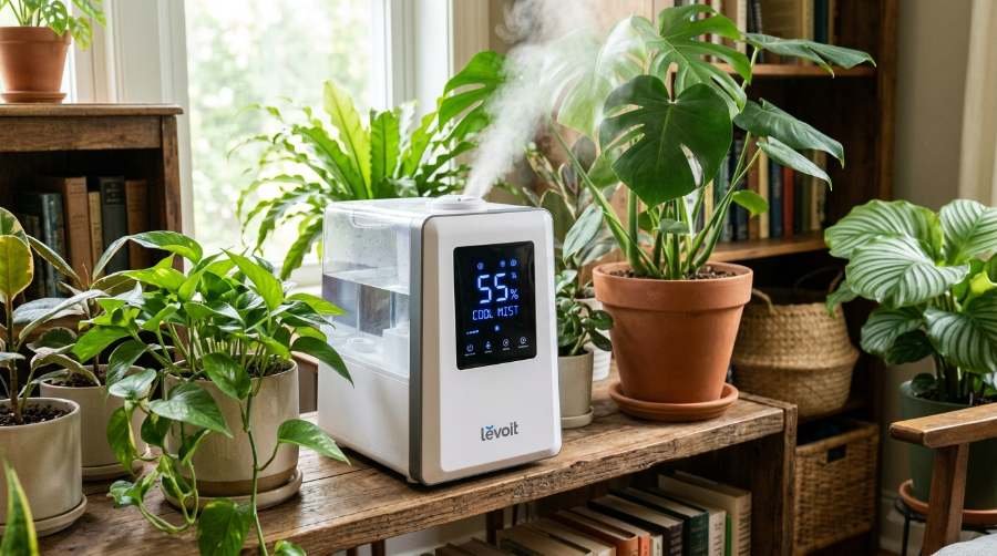 Best humidifiers for houseplants 2026 lineup showing Levoit, Dreo, and Pure Enrichment models.
