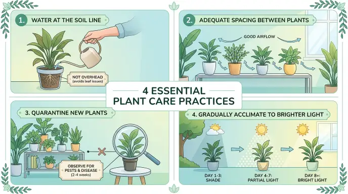 Houseplant care infographic showing four prevention methods: watering at the soil line, spacing plants for airflow, quarantining new plants, and gradual light acclimation.