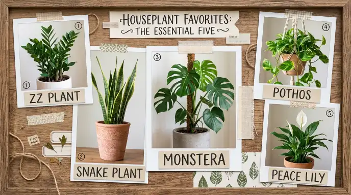 Collage of common houseplants: ZZ plant, Monstera, Pothos, Snake Plant, Peace Lily, and Succulent

