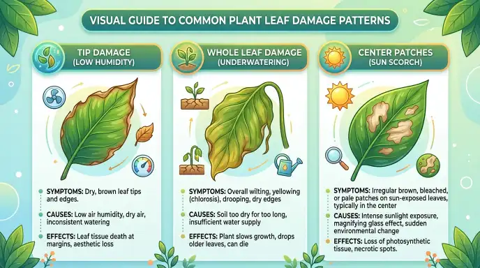 Infographic comparing plant leaf damage patterns: brown tips from low humidity, full crispy leaves from underwatering, and center patches from sun scorch
