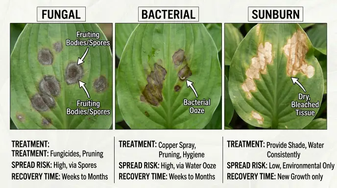 Composite comparison chart highlighting the key visual differences between fungal, bacterial, and sunburn leaf spots on houseplants including shape, texture, and color.