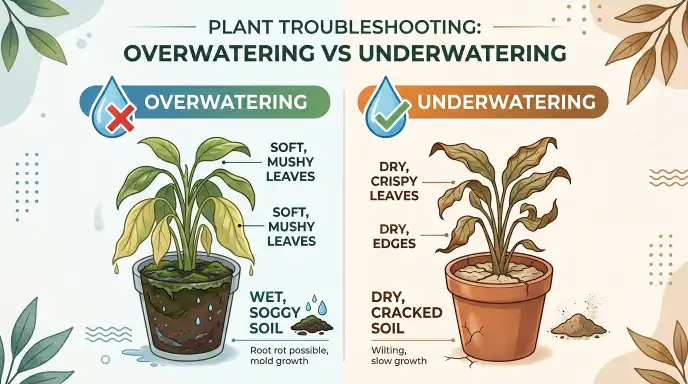 Quick comparison infographic showing overwatering vs underwatering symptoms: soft vs crispy leaves
