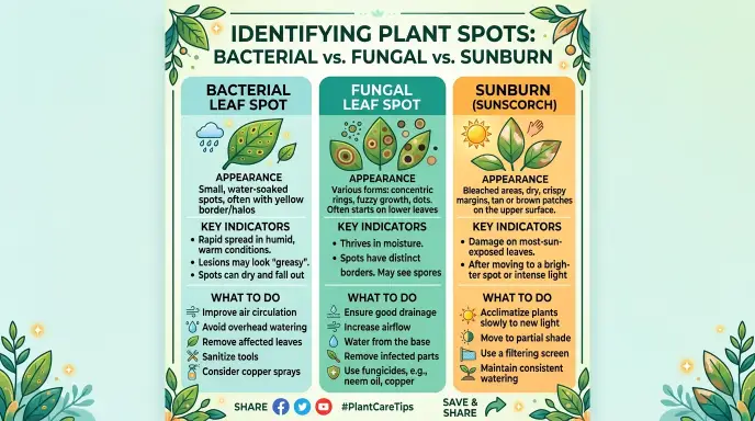 Vertical summary cheat sheet infographic for identifying and treating brown spots on houseplant leaves caused by fungal infections, bacterial infections, and sunburn.