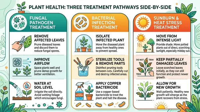 Treatment flowchart infographic comparing fungal leaf spot, bacterial leaf spot, and sunburn with steps for leaf removal, isolation, sterilizing tools, and adjusting light.
