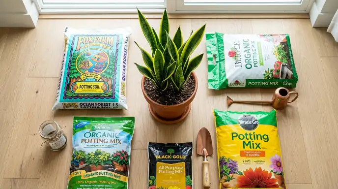 Flat lay of the best potting soil brands for indoor plants, including Burpee and FoxFarm
