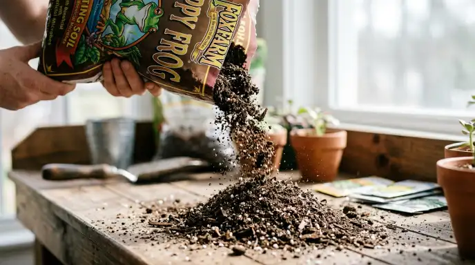 FoxFarm Happy Frog potting soil being poured out of its bag, showing its well-aerated texture.
