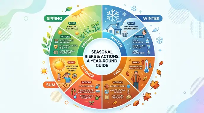 Seasonal prevention calendar for houseplant crispy leaves showing winter humidity risks, spring light changes, summer heat stress, and fall temperature issues
