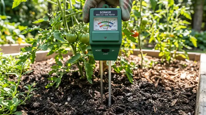 SONKIR MS02 3-in-1 Soil Moisture Light pH Tester with green body and three-position switch.