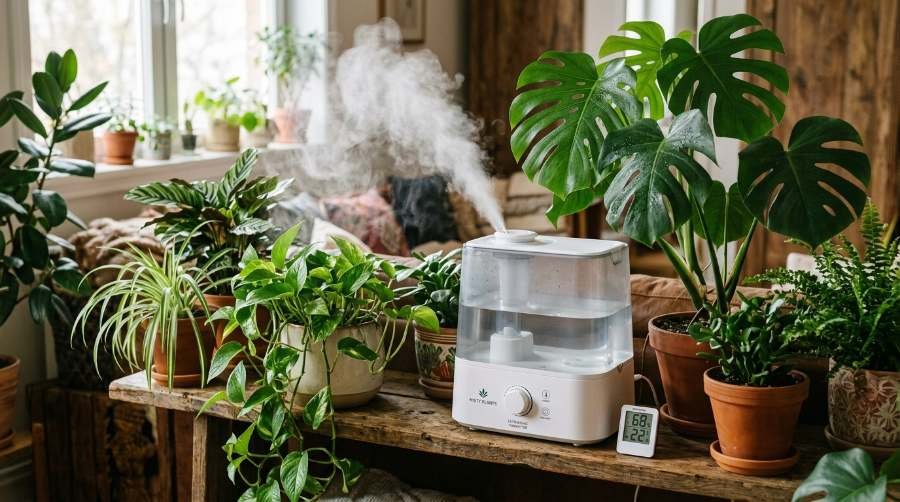 in a indoor a Ultrasonic cool-mist humidifier with hygrometer and some plants.