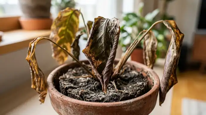 Close-up of underwatered houseplant with dry, crispy brown-edged leaves