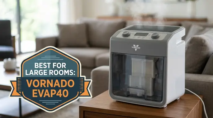 ornado Evap40 evaporative humidifier with dual 2-gallon tanks and Vortex Action technology for large rooms up to 1,000 sq ft.