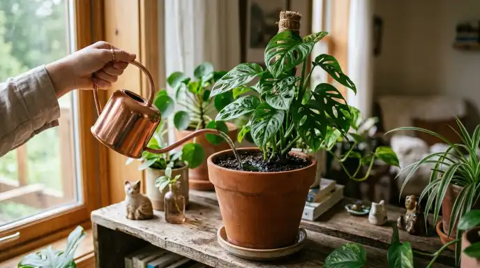 Watering indoor plants during a heatwave