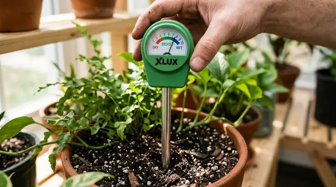 XLUX Soil Moisture Meter with green color-coded dial and stainless steel probe against a white background.