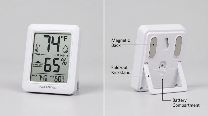 acurite-01083-pro-hygrometer displaying 65% humidity and 74 degrees temperature on white background