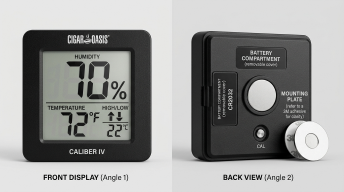 cigar-oasis-caliber-iv-humidor-hygrometer displaying 70% humidity and 72 degrees temperature
