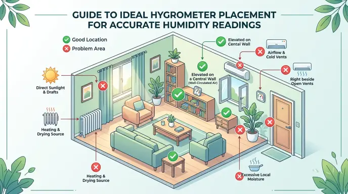 Home floor plan showing ideal placement locations for digital hygrometers in nursery, basement, bathroom, kitchen, and bedroom

