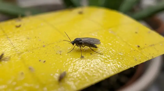 Fungus gnat on yellow sticky trap - indicator of overwatered soil and potential root rot.
