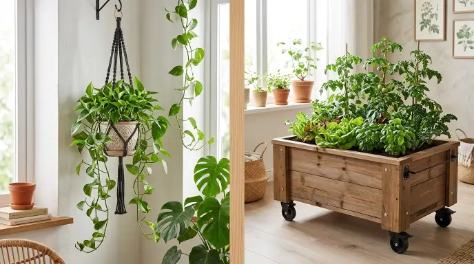 Hanging self-watering pots for trailing plants and large rolling planters for vegetables.